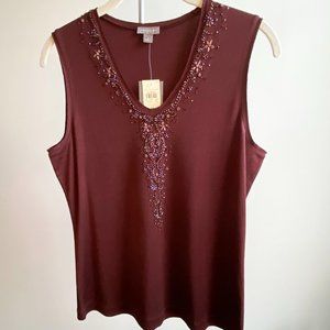 Ann Taylor Embellished V-Neck Plum Sleeveless Top, NWT, Perfect Condition